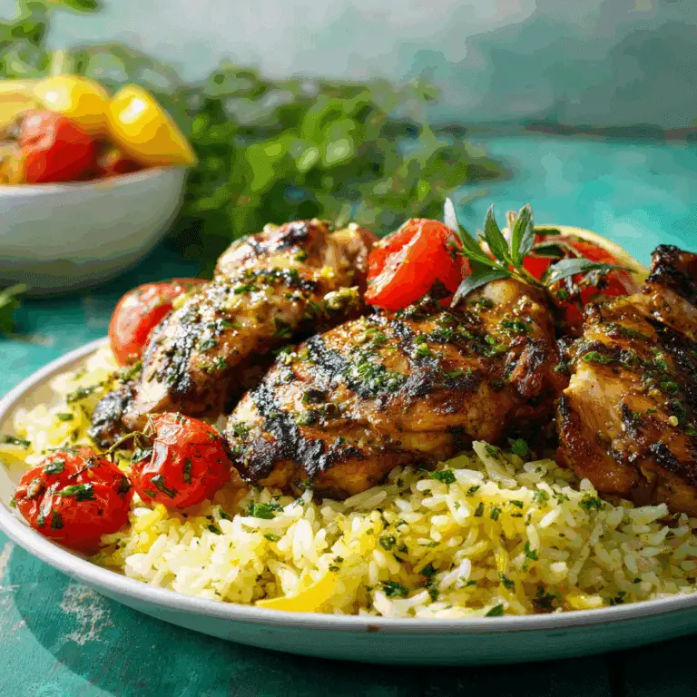 Greek Chicken with Lemon Rice and Tomatoes