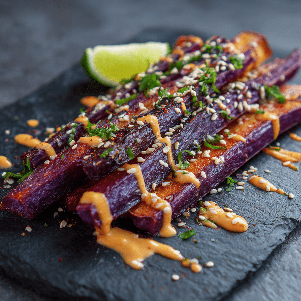Charred Purple Sweet Potato Fries with Gochujang Aioli Recipe - Recipe Image