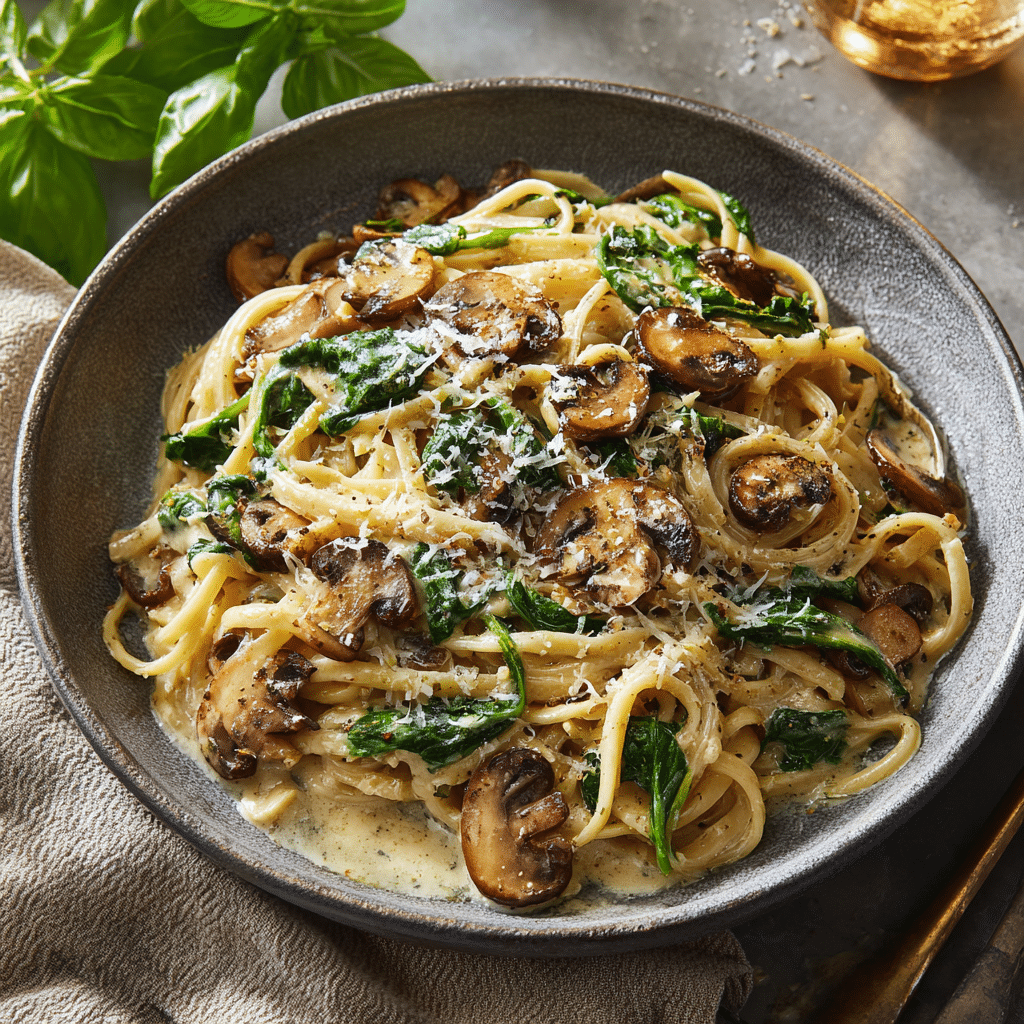 Creamy Mushroom Pasta with Spinach (vegetarian) Recipe - Recipe Image