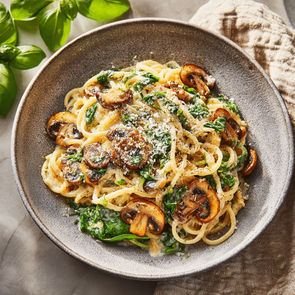 Creamy Mushroom Pasta with Spinach (vegetarian) Recipe - Recipe Image