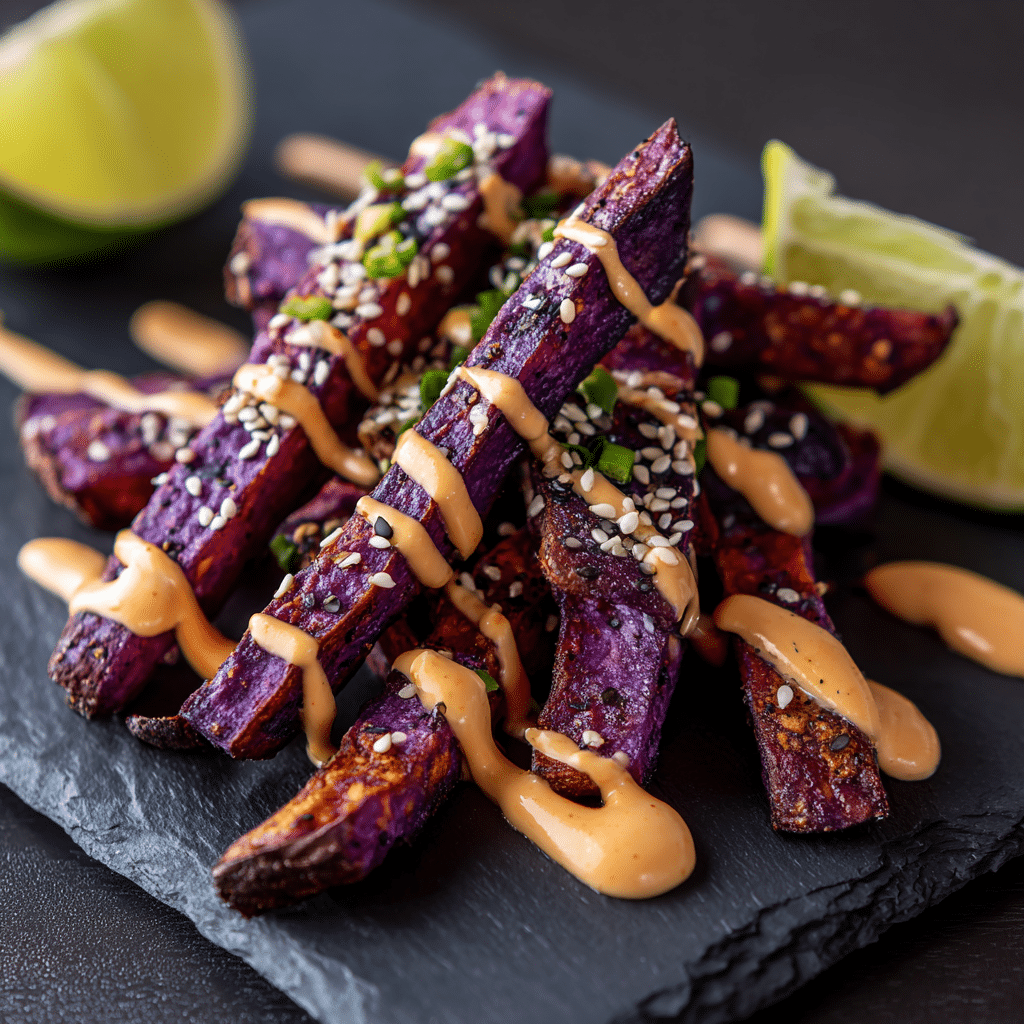 Charred Purple Sweet Potato Fries with Gochujang Aioli Recipe - Recipe Image