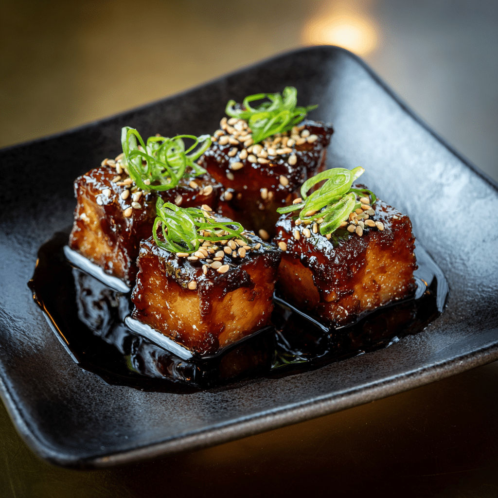 Black Garlic Tofu Bites with Sesame Chili Caramel Recipe