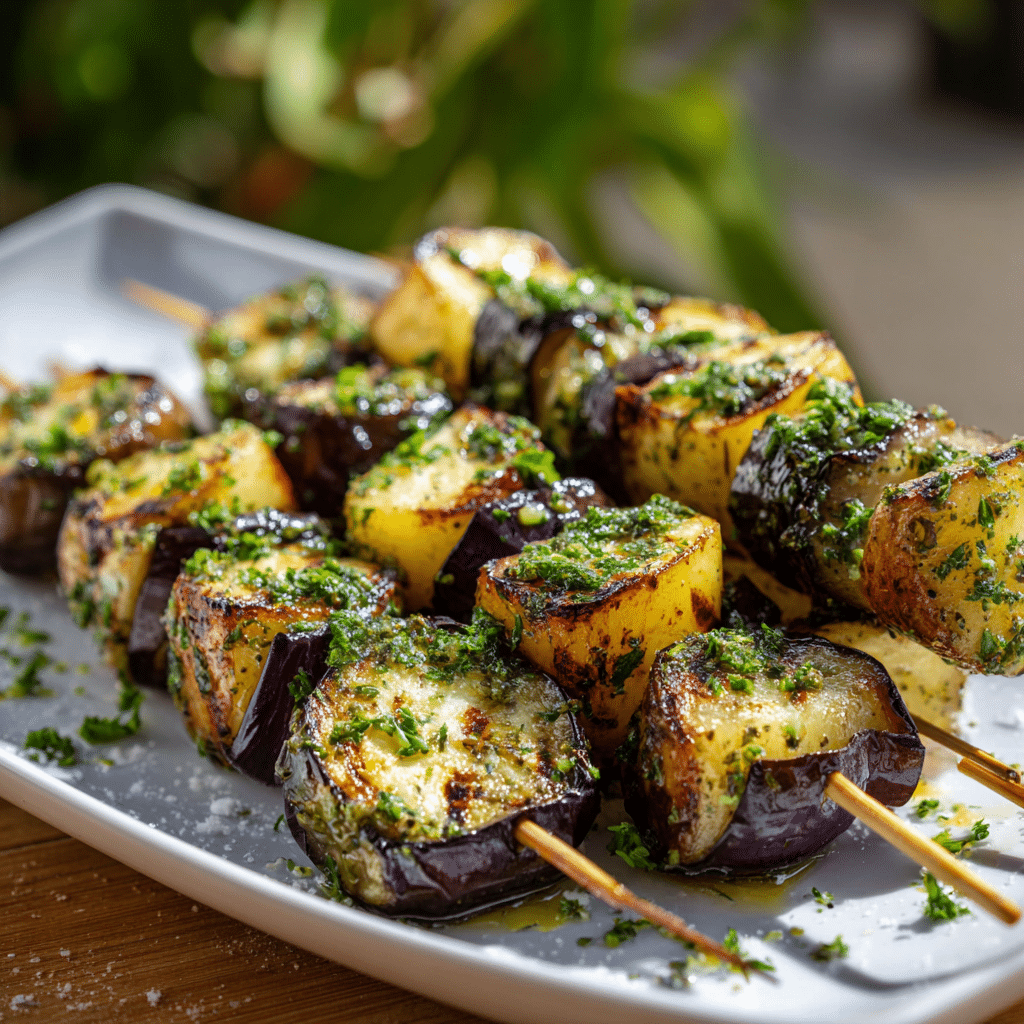 Lemon Roasted Eggplant & Potato Skewers Recipe