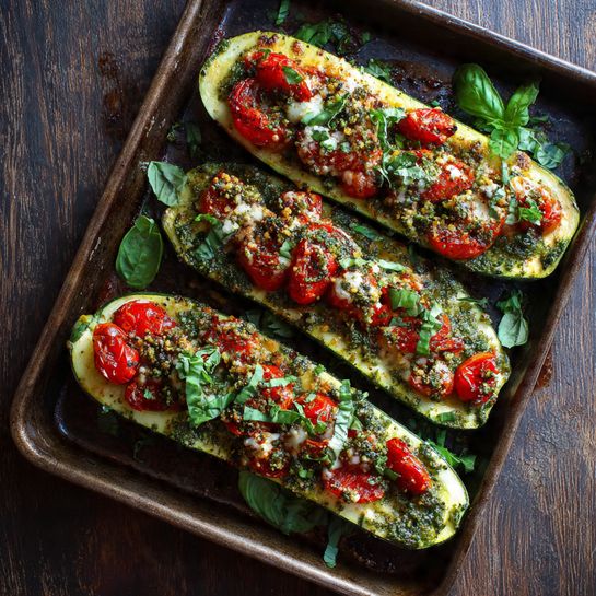 Baked Pesto Zucchini Boats Recipe - Recipe Image