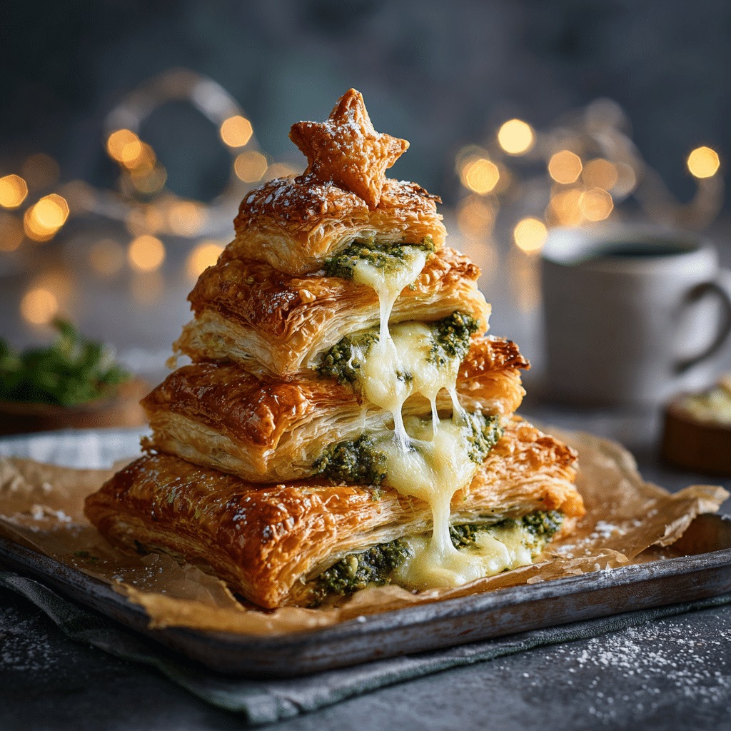Basil Pesto Cheesy Puff Pastry Christmas Tree Recipe - Recipe Image