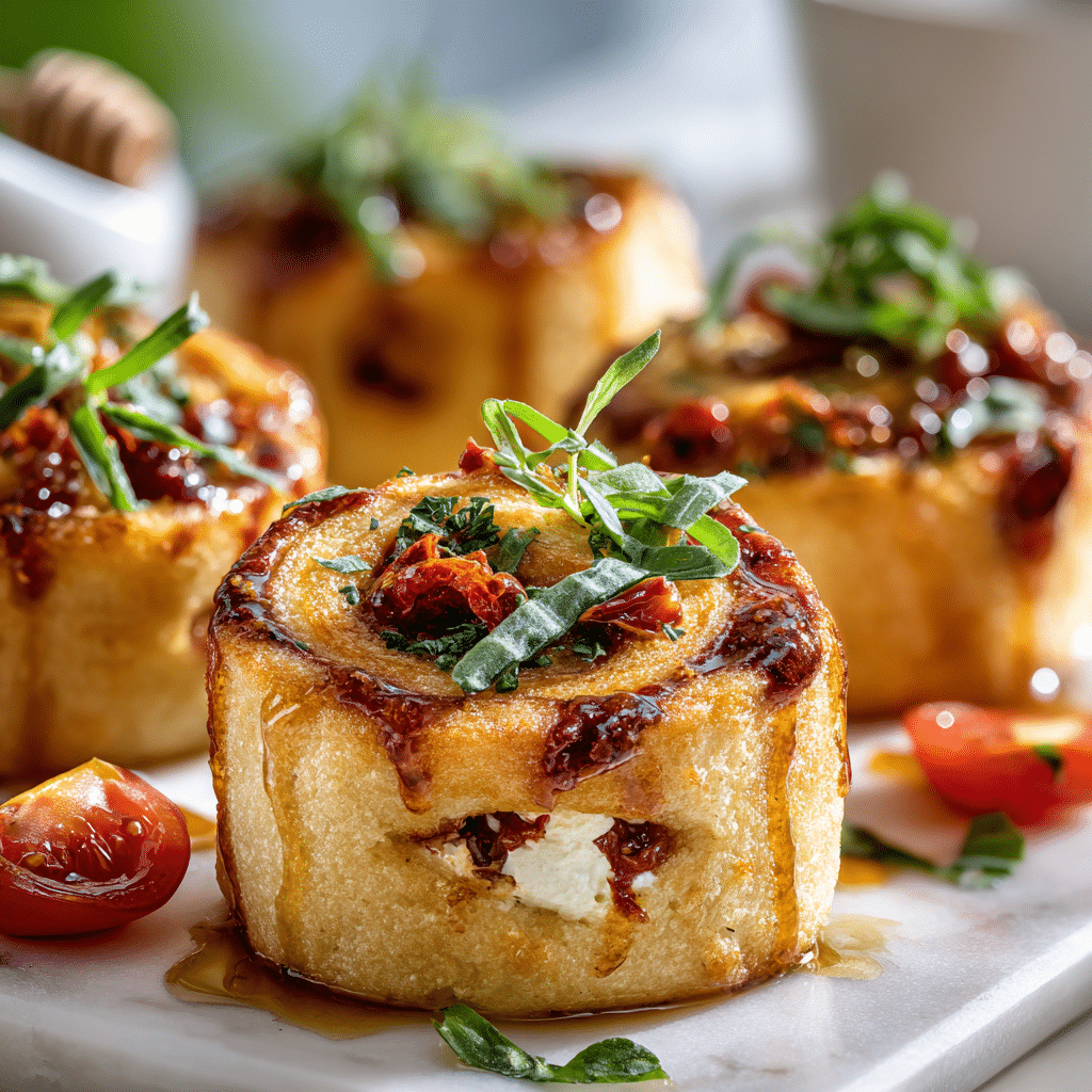 Oven-Fried Ricotta & Sun-Dried Tomato Rolls with Spicy Honey