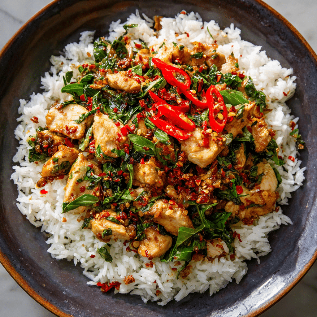Spicy Thai Basil Chicken with Rice Recipe - Recipe Image
