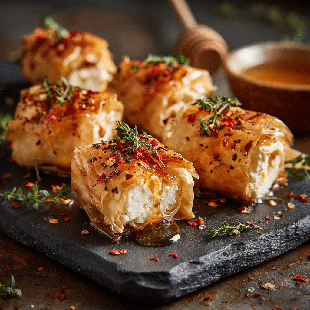 Indulgent Oven Fried Feta Rolls with Chili Honey Magic Recipe - Recipe Image