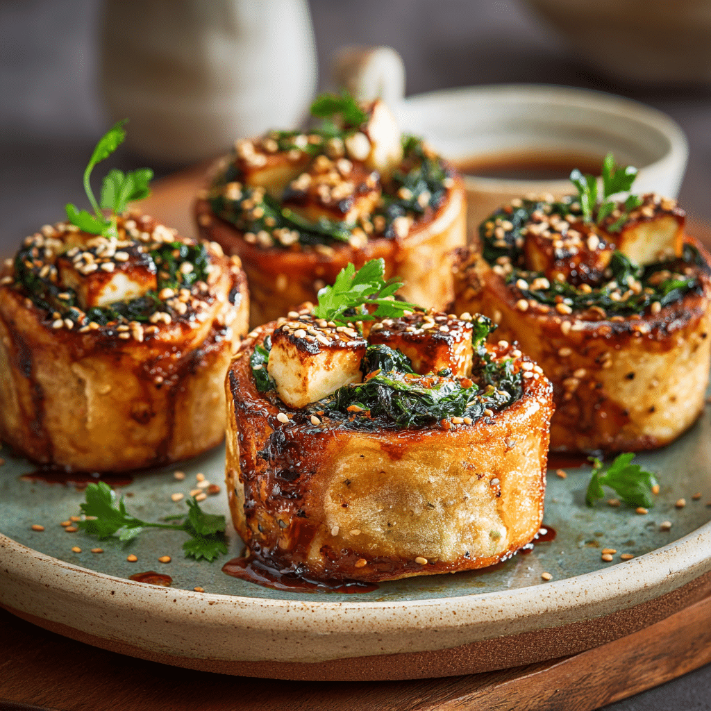 Crispy Baked Halloumi & Spinach Rolls with Chili Maple Glaze - Recipe Image