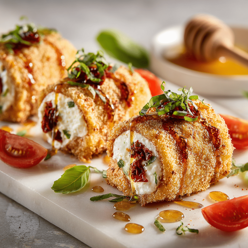 Oven-Fried Ricotta & Sun-Dried Tomato Rolls with Spicy Honey - Recipe Image
