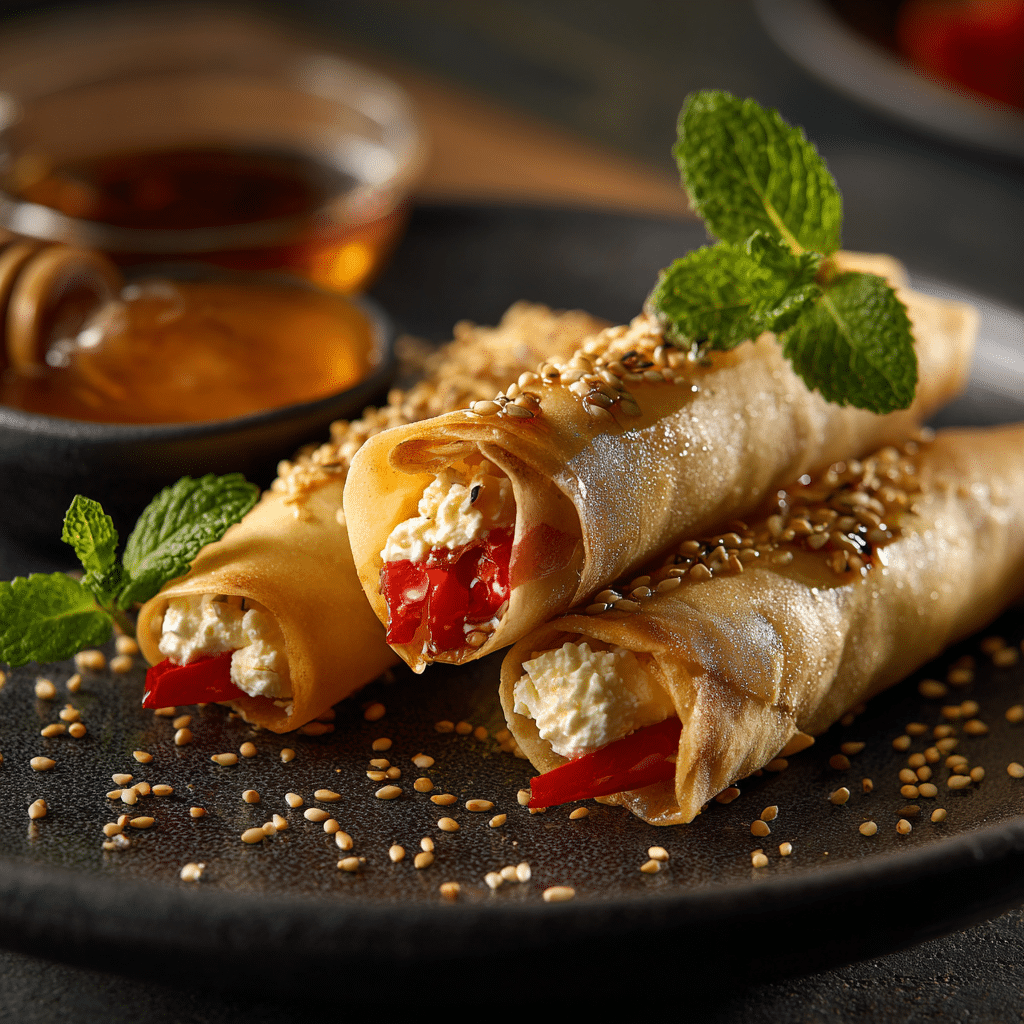 Mediterranean Feta & Roasted Red Pepper Cigars with Harissa Honey - Recipe Image