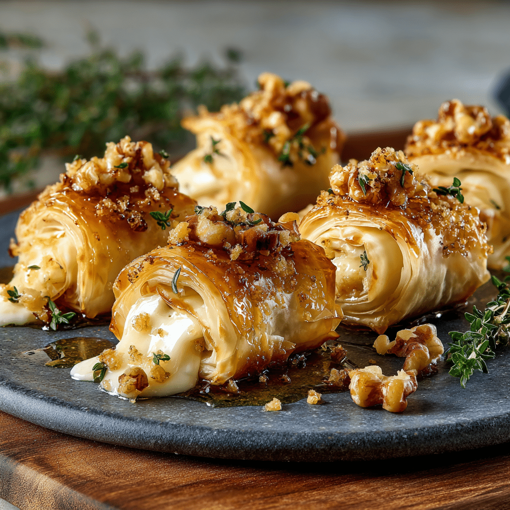 Crispy Baked Brie & Walnut Phyllo Rolls with Chili Honey Recipe - Recipe Image