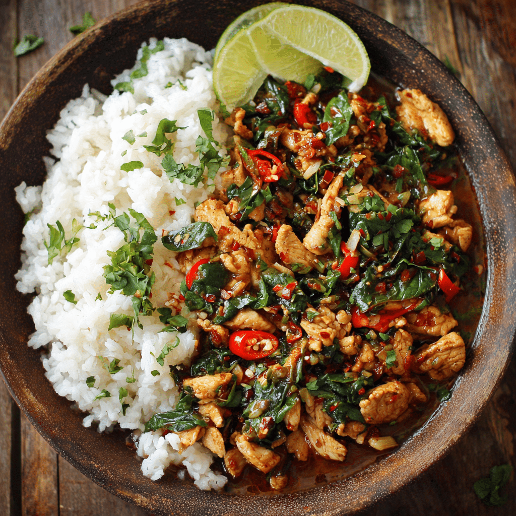 Spicy Thai Basil Chicken with Rice Recipe - Recipe Image