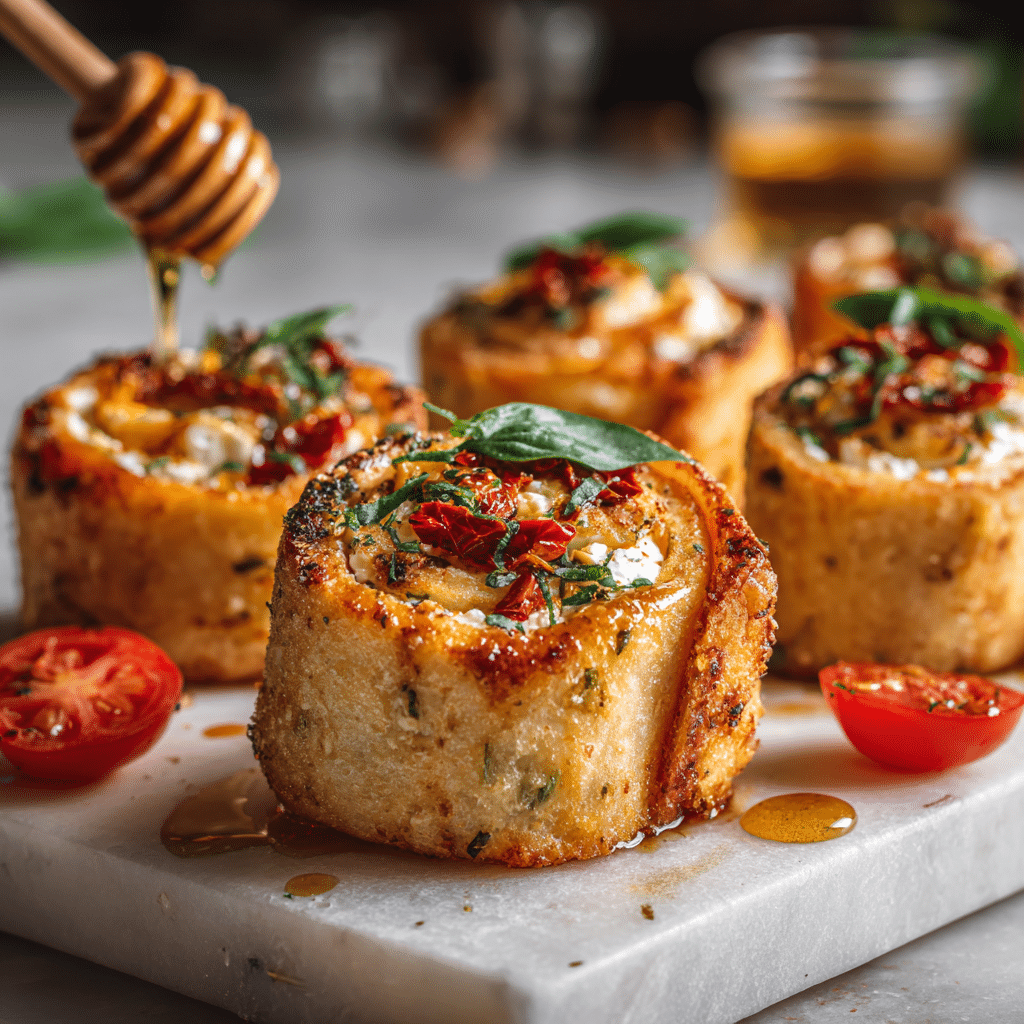 Oven-Fried Ricotta & Sun-Dried Tomato Rolls with Spicy Honey - Recipe Image