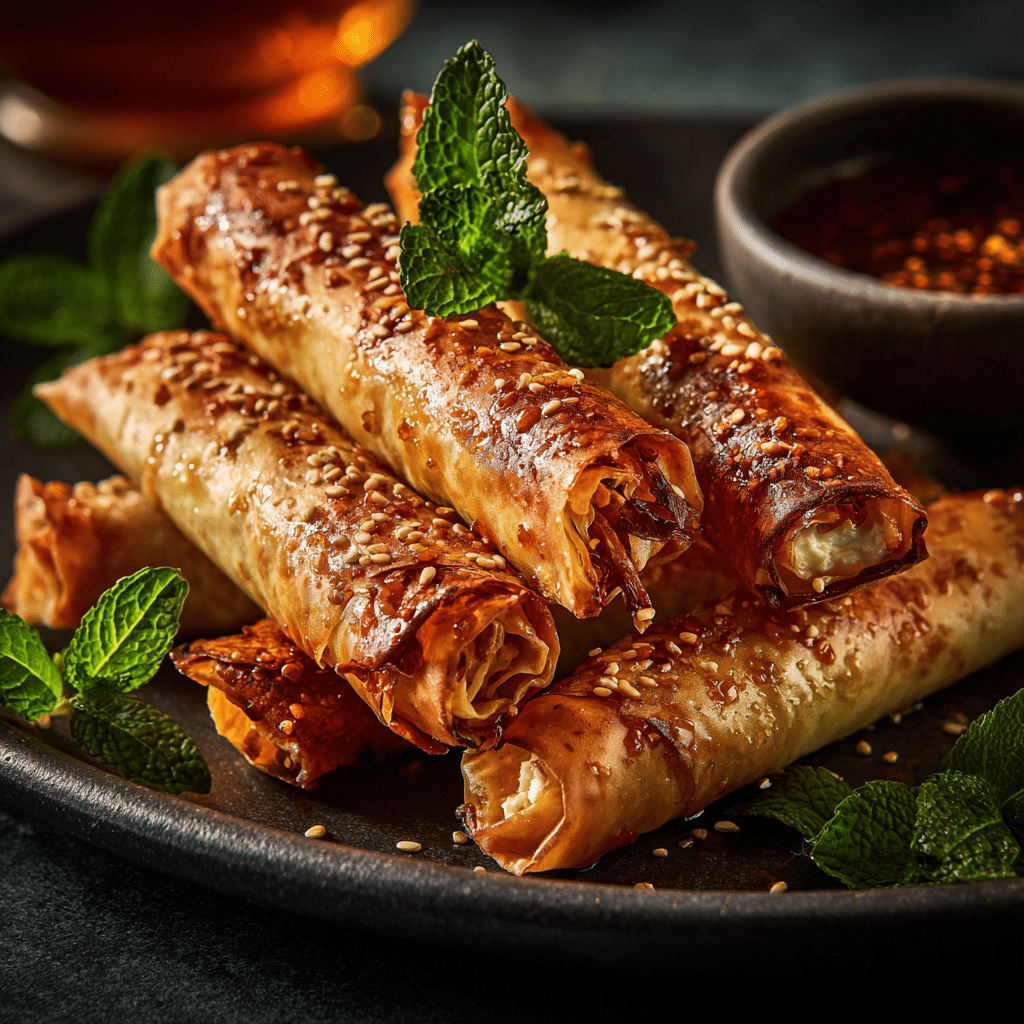 Mediterranean Feta & Roasted Red Pepper Cigars with Harissa Honey - Recipe Image