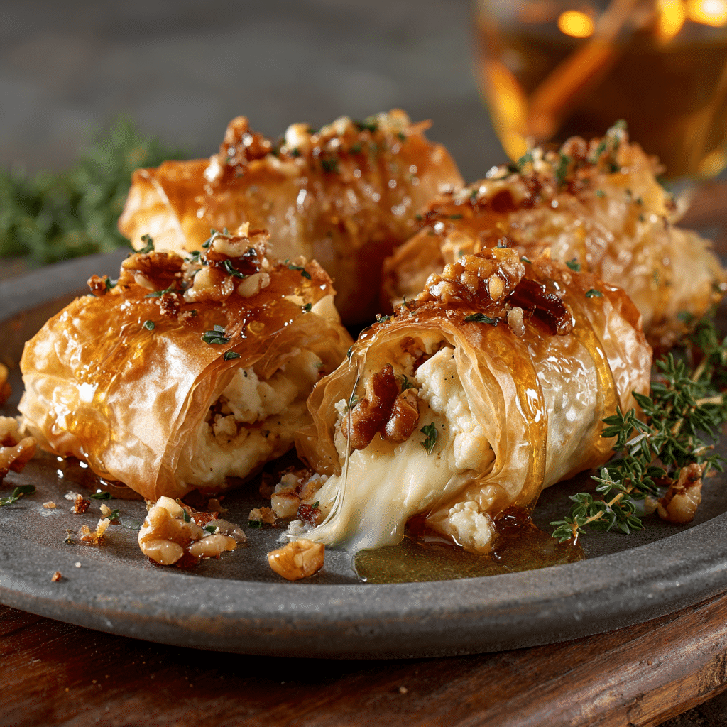 Crispy Baked Brie & Walnut Phyllo Rolls with Chili Honey Recipe - Recipe Image