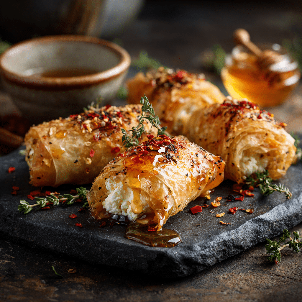 Indulgent Oven Fried Feta Rolls with Chili Honey Magic Recipe - Recipe Image