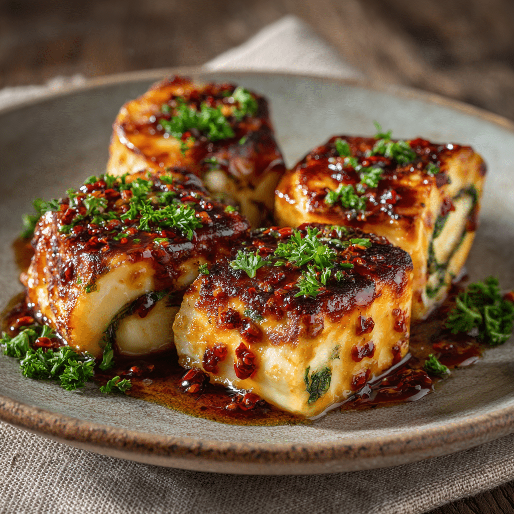 Baked Halloumi & Spinach Rolls with Chili Maple Glaze Recipe - Recipe Image