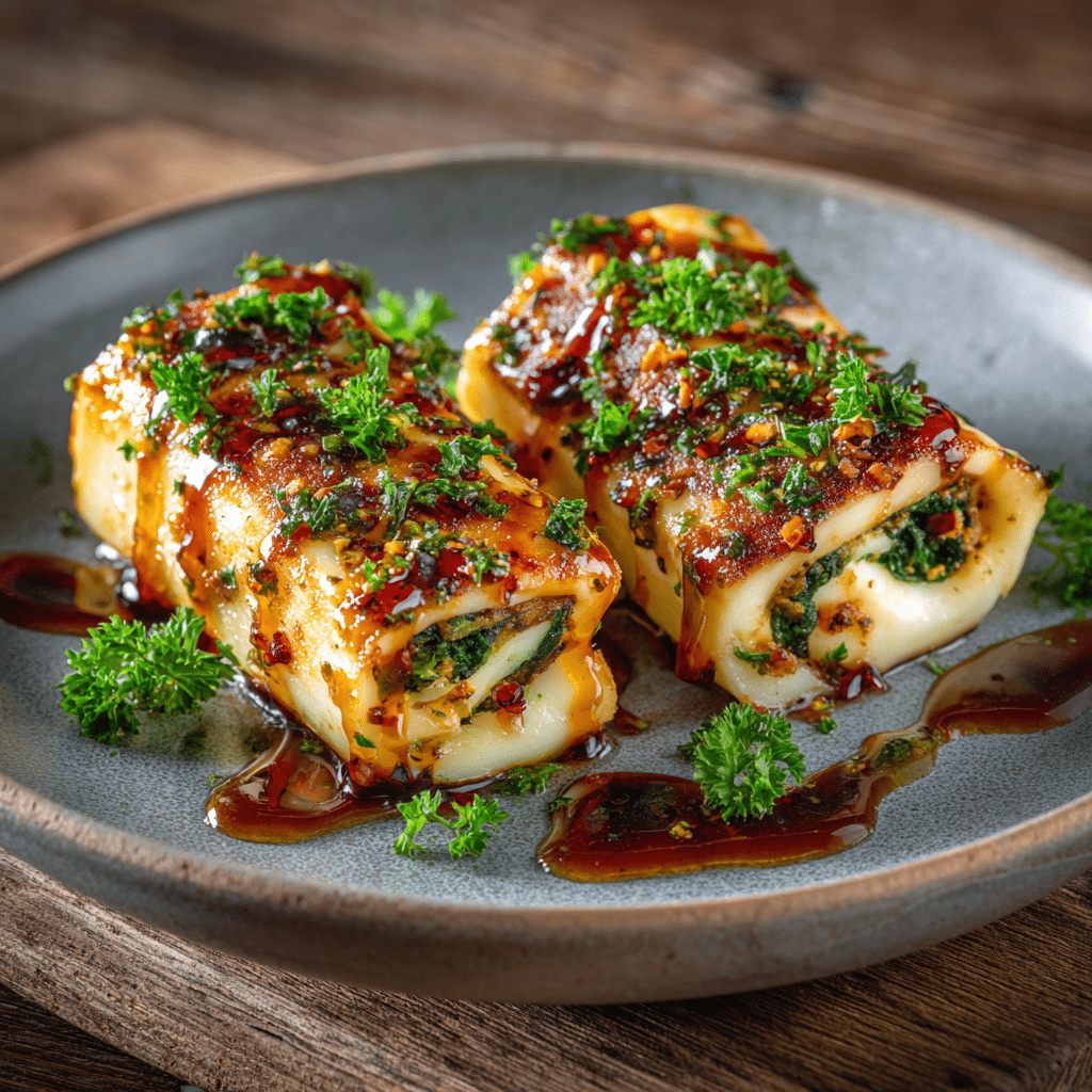 Baked Halloumi & Spinach Rolls with Chili Maple Glaze Recipe - Recipe Image