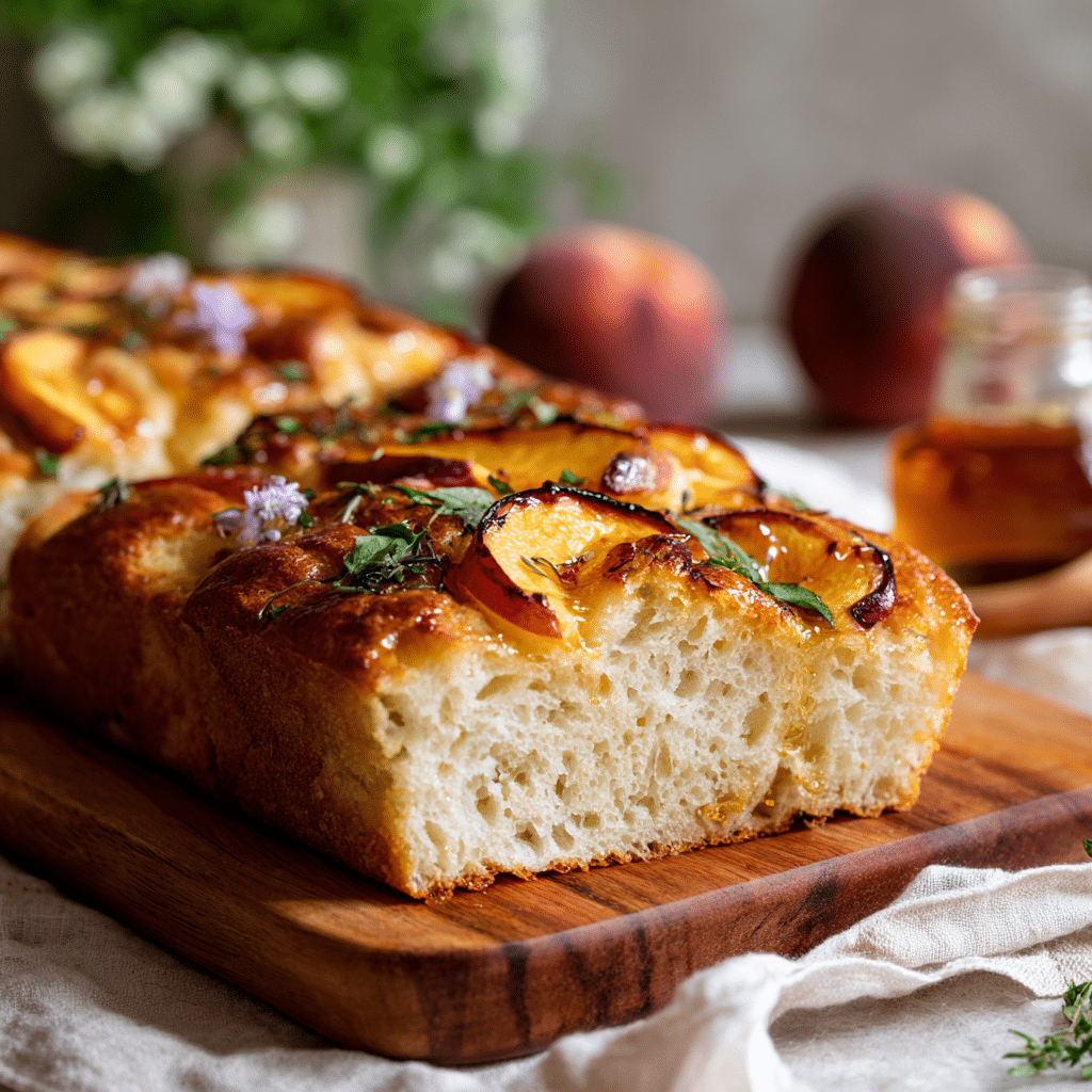 Sourdough Peach Honey Focaccia Bread Recipe - Recipe Image