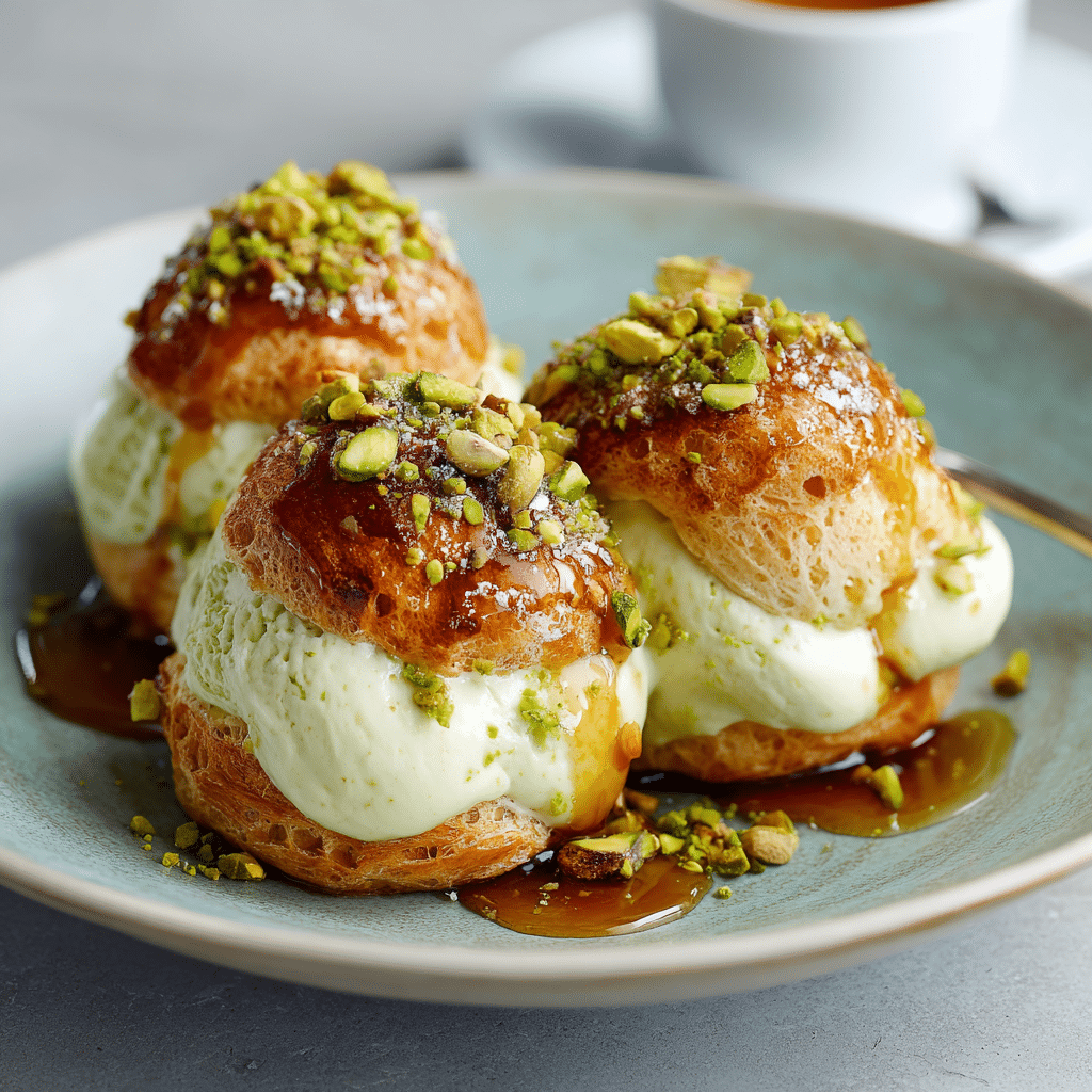 Pistachio Cream Profiteroles with Orange Blossom Syrup Recipe