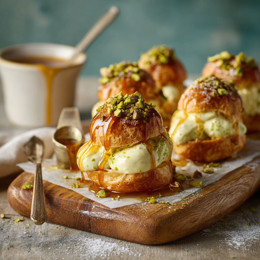 Pistachio Cream Profiteroles with Orange Blossom Syrup Recipe - Recipe Image