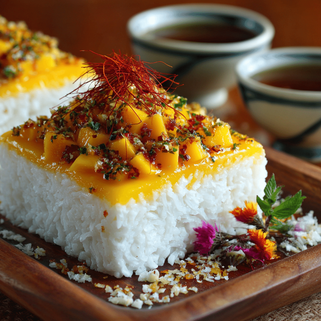 Mango Coconut Rice Terrine with Chili Threads Recipe - Recipe Image