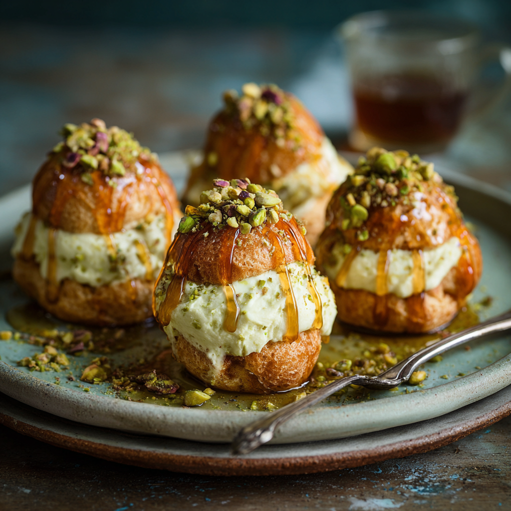 Pistachio Cream Profiteroles with Orange Blossom Syrup Recipe - Recipe Image
