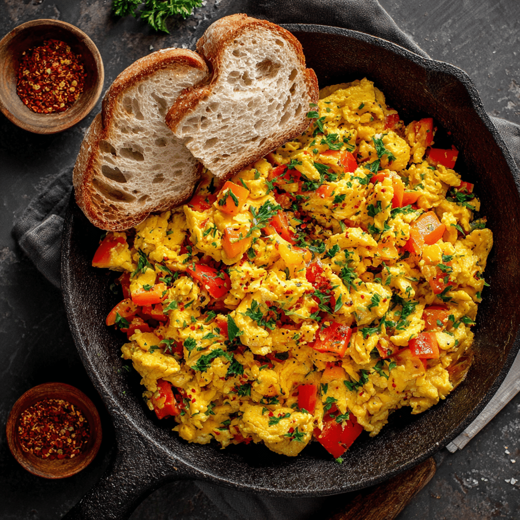 Scrambled Eggs with Vegetables + Bread Recipe - Recipe Image