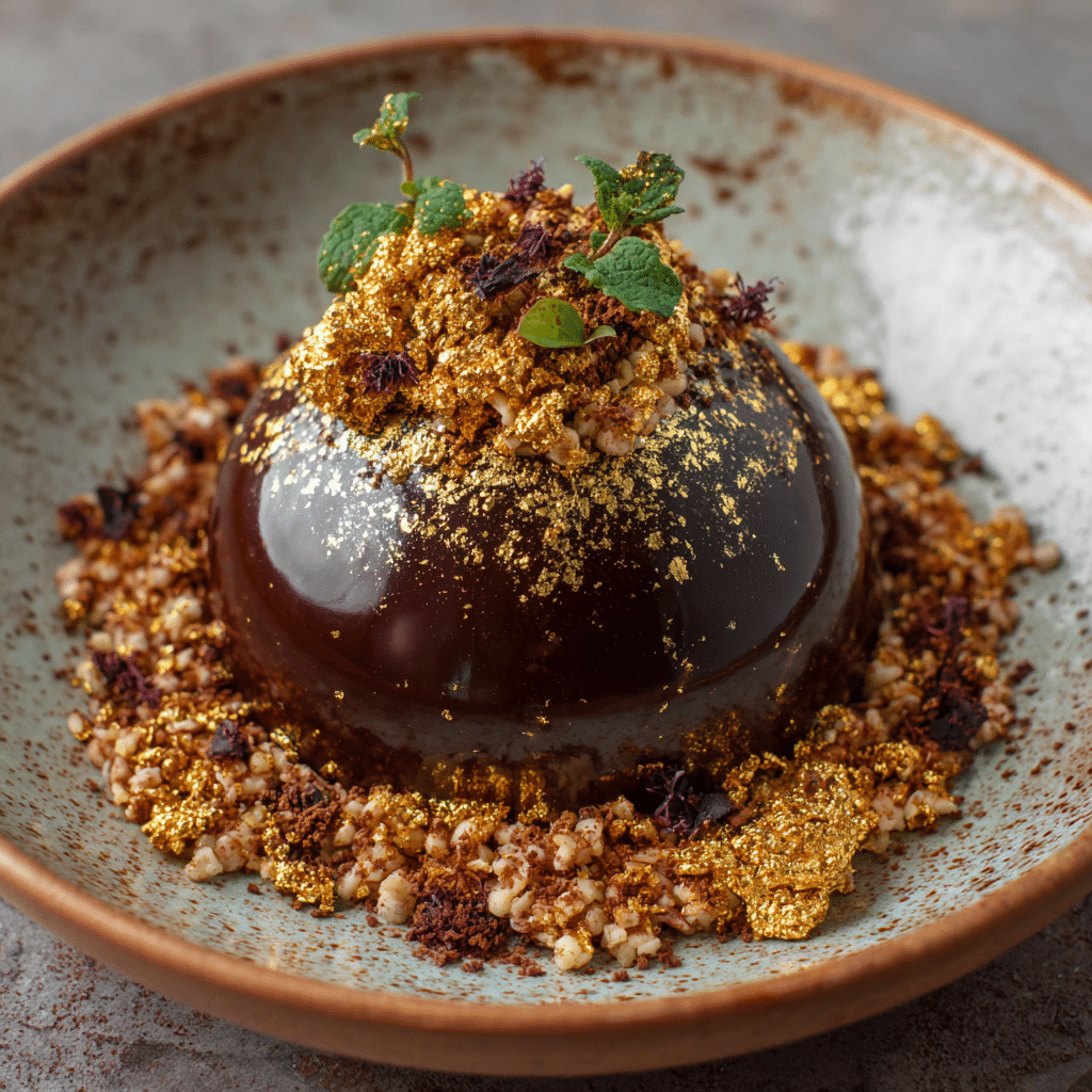 Hazelnut Rice Ganache with Cocoa Dust and Gold Leaf Recipe - Recipe Image